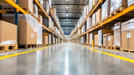 Fototapeta premium Interior view of a modern well organized warehouse facility with rows of yellow metal shelving units and stacked cardboard boxes and packages showcasing efficient storage and inventory management