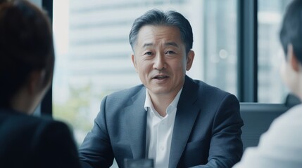 Asian man in formal attire, seated with two colleagues in an office discussion, large windows in background letting in soft natural light
