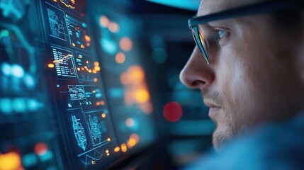 Pilot examining advanced aircraft control panel with digital displays monitors and instrumentation in the cockpit of a commercial airliner during flight