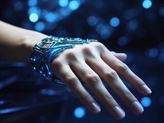 Realistic human or biorobot hand on dark background with neon blue light. Illustration in the style of futurism. Realistic futuristic photo style.