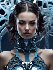 Futuristic head of beautiful woman or girl with blue neon light human or robot or biorobot. Illustration in the style of futurism for wallpaper. Photo realistic style.