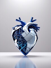 Mechanized heart with blue neon light. Illustration in the style of futurism for wallpaper. Photo realistic style.