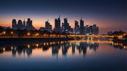 Captivating Cityscape: A Stunning Twilight Reflection of the Skyline and Waterway in a Vibrant Metropolis