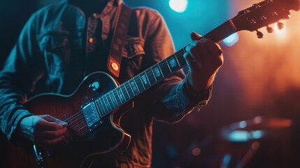 Obraz premium Portrait of a musician holding a guitar, soft background with just a hint of stage lights.
