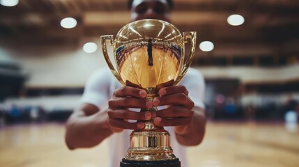 Hands of a basketball player gripping the championship trophy, close-up, minimal gym details in the background.