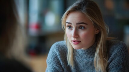 Obraz premium young blonde woman in a gray sweater at a round table, focused in discussion, soft background blur