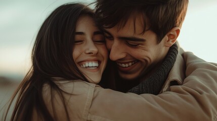 Latino man hugging a woman, both smiling, neutral background with soft studio lighting, calm atmosphere