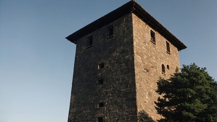 A picturesque archer tower framed by autumn leaves creates a breathtaking scene