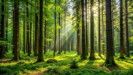 Obraz premium A rich and dense forest with tall trees and a carpet of green underbrush, landscape, environment