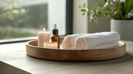 Minimalist spa items as candles, essential oils on a wooden tray with a soft towel, calm setting.