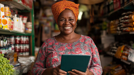  store women owner using a digital tablet in her grocery store