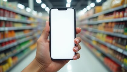 A hand holding a smartphone with a blank screen in a grocery store aisle filled with products, highlighting shopping, technology, and mobile use in retail. The image emphasizes digital shopping.