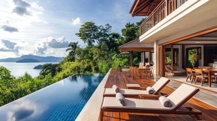 Fototapeta premium Luxurious villa with infinity pool overlooking a serene landscape and ocean view.