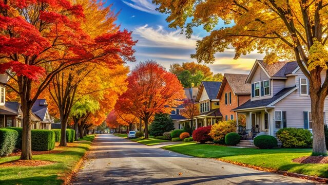 Beautiful Autumn Neighborhood in Lemont Illinois with Colorful Trees and Homes - Scenic Street View