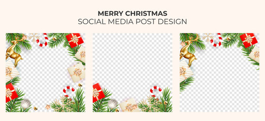 Merry Christmas, Happy New Year with christmas tree and balls. Realistic 3d elegant style. Winter Christmas background. Vector illustration
