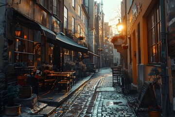 Fototapeta premium Charming Cobblestone Alleyway at Dusk with Warm Lighting and Cozy Cafés