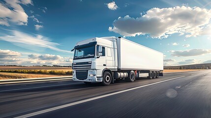 Big white semi truck driving on the countryside road in motion against a blue sky with clouds, Generative Ai 