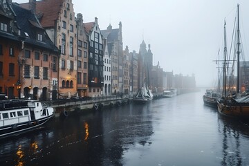 Fototapeta premium Misty Morning in Gdańsk: A Serene View of Historic Waterfront and Boats