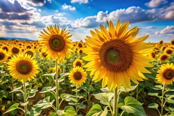 A field of tall sunflowers swaying gently in the breeze on a sunny day, countryside scene, peaceful vibes, wheat fields