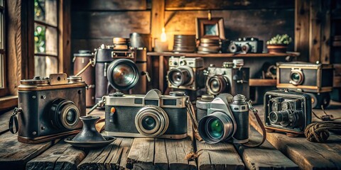 Fototapeta premium A collection of vintage cameras and photography equipment on a worn wooden workbench with a brown wooden table, surrounded by natural light and rustic decor, vintage cameras, art supplies, photography
