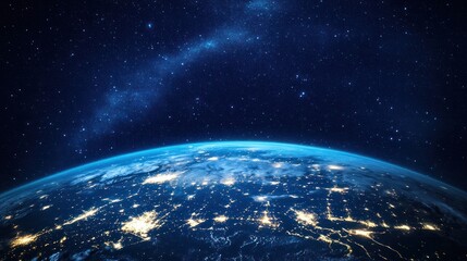 Fototapeta premium A captivating depiction of Earth from space at night, showcasing illuminated cities and highways like veins of light, contrasted with the dark expanse of the universe dotted with stars.