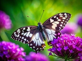 Fototapeta premium Black and White Butterfly on Vibrant Purple Flower - Conceptual Nature Photography