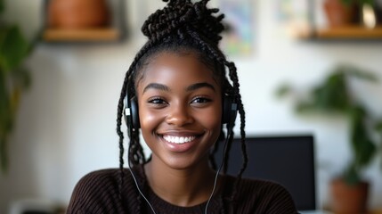 Smiling woman with a headset, laptop in the background, plain background.