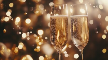 A close-up view of two elegantly designed champagne flutes clinking together, surrounded by a festive background of sparkling confetti and soft, warm lighting