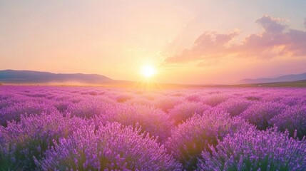 Lavender field at sunrise, showcasing vibrant purple flowers and tranquil landscape