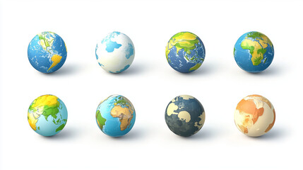 Collection of earth globe 3d icon cartoon style floating on white background