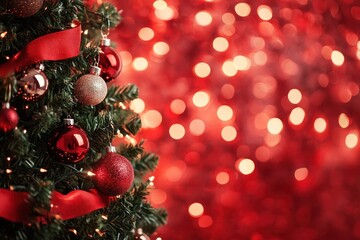 A festive Christmas tree adorned with delicate glass ornaments and bright red ribbons, illuminated by sparkling bokeh lights. The rich red background sets a cozy holiday mood