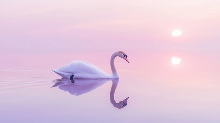 Obraz premium A graceful white swan gliding smoothly across the surface of a still lake, reflection in the water, with a soft pink and purple sky