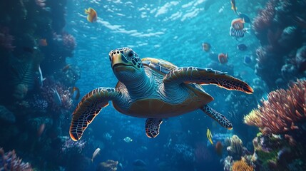 sea turtle swimming in the deep blue sea
