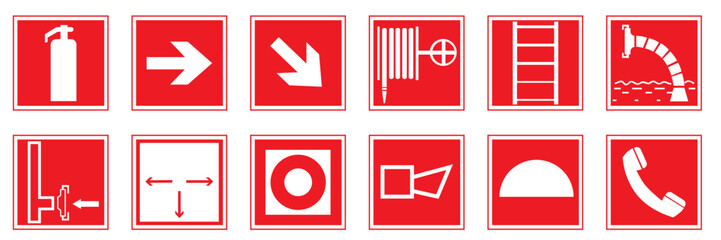 Fire signs. Signs of necessary actions during a fire. Fire warnings and actions.