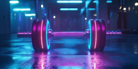 Fototapeta premium Neon Dumbbell in Gym Setting: Fitness and Strength