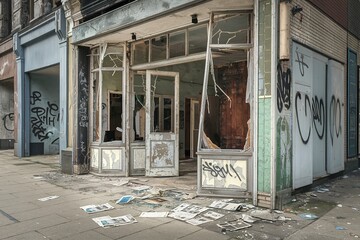 A dilapidated and abandoned storefront with broken windows, scattered debris, and newspapers on the floor
