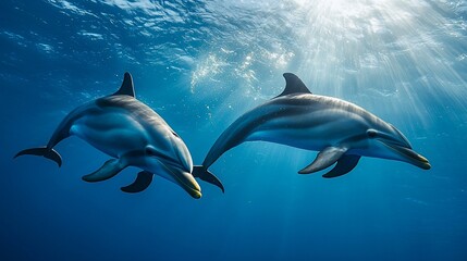 Dolphins Playing in the Deep Blue Sea with Sunlight Rays
