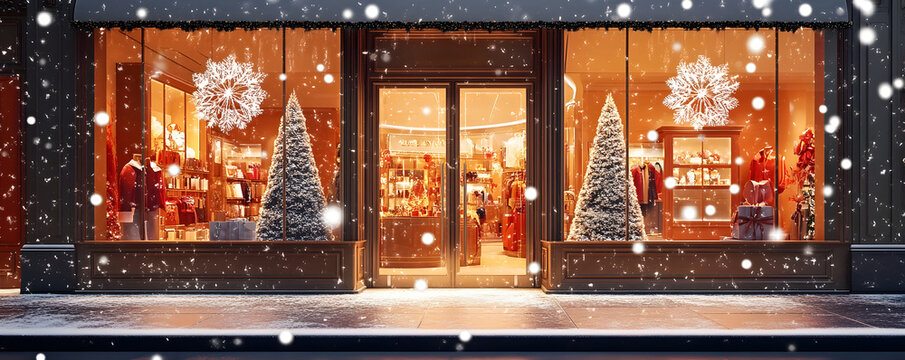 Elegant Luxury Boutique Storefront with Holiday Sales Displays and Falling Snowflakes