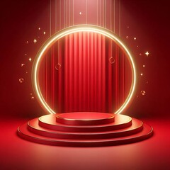 Red product background stage 3d podium presentation display of luxury pedestal stand round showcase scene or show platform light studio template and empty backdrop floor banner on premium exhibition.