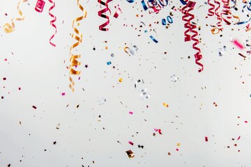 Colorful confetti and streamers in celebration on white background