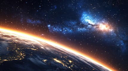 Obraz premium A high-resolution image of the planet Earth at night, highlighting urban areas with bright lights and sprawling infrastructure, set against the vastness of outer space filled