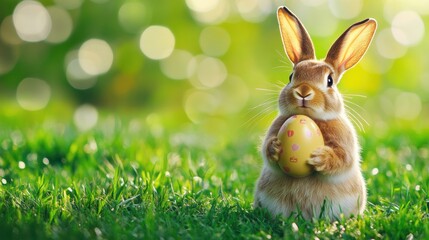 Fototapeta premium Single rabbit holding chocolate Easter egg, with green grass backdrop, simple and bright