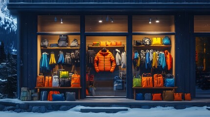 Outdoor Gear Store Showcasing Holiday Adventure Gear Sale with Snowy Mountain Backdrop