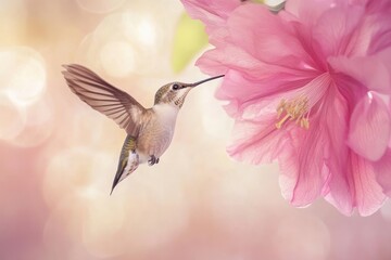 Obraz premium A juvenile Rubythroated hummingbird suspended in mid-air, its wings a blur as it hovers in front of a large pink flower. The bird's curious gaze is directed at the flower as it prepares to feed