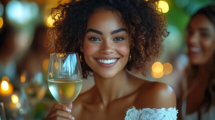 celebrating with friends a woman in white offers a heartfelt toast filled with laughter and joy the scene embodies the spirit of camaraderie and unity during festive gatherings