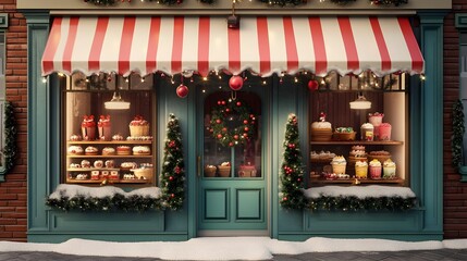 Charming Holiday Storefront with Festive Dessert Treats on Display