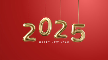 Happy New Year 2025 Shiny background with vector New Year 2025 text design. New year 2025 vector design with realistic 3D numbers.

