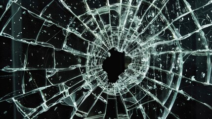 Close-up of shattered glass with a distinct hole, set against a stark black background, emphasizing the impact point