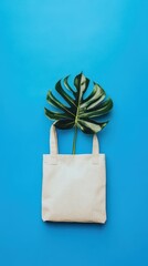 Eco-friendly tote bag with monstera leaf on blue background