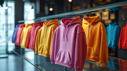 Fototapeta premium Brightly colored hoodies displayed on glass shelves create vibrant and inviting atmosphere. array of colors, including pink, yellow, and blue, showcases modern fashion trends